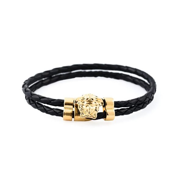 Used] VERSACE Bracelet Versace Men's & Women's Black x Gold Greca Leather  DG07891-DJXL-D41CO Brand Golden Metal ref.359324 - Joli Closet