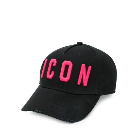 black icon cap with pink writing