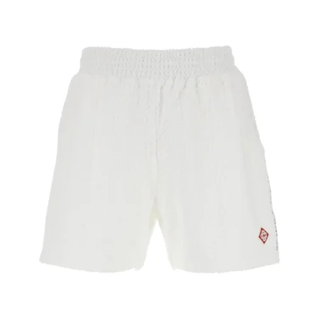 Casablanca 'Mena' white embroidered logo shorts with elasticated drawstring waistband, available at Lestyle Boutique.