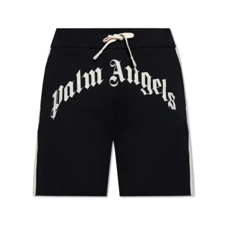 Palm Angels black logo-printed drawstring track shorts with side stripe detailing, available at Lestyle Boutique.